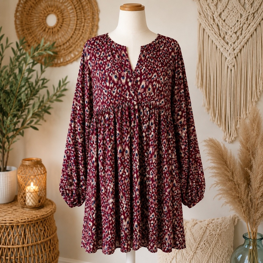 Umgee Boho Babydoll Tunic Dress 1XL  Long Sleeve V Neck Flowy Peasant Mini